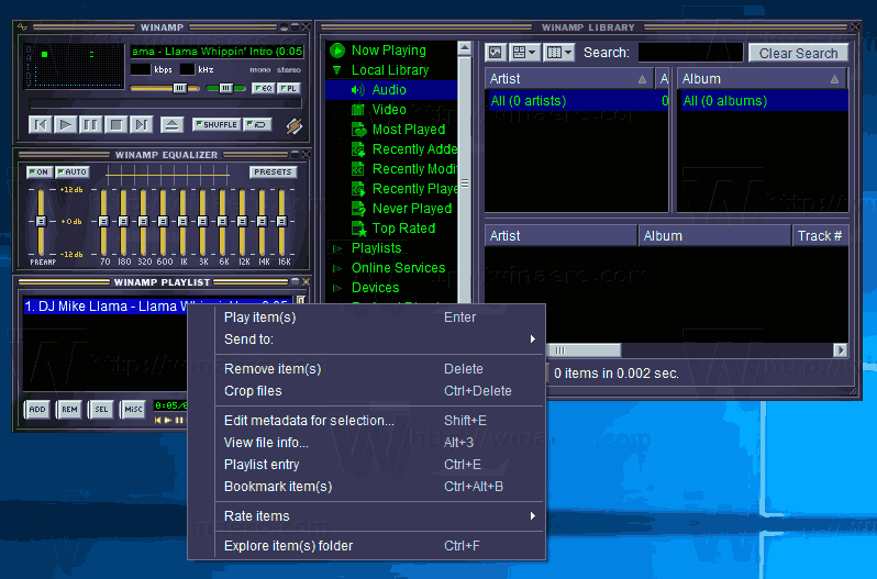 Winamp 5.8 beta on Windows 10 classic skin