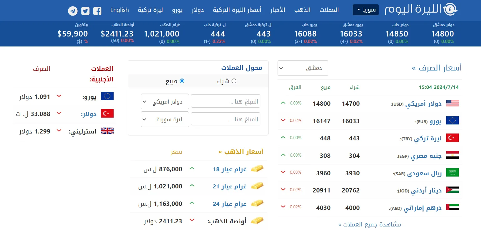 رابط موقع الليرة اليوم أسعار العملات والذهب في سورية موقع الليرة اليوم