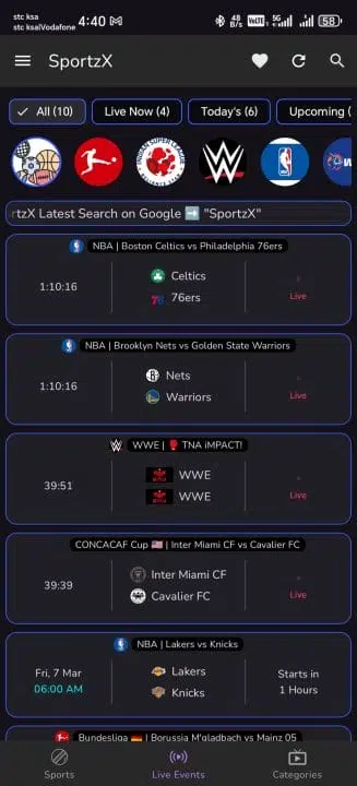 تحميل تطبيق SportzX Live TV مهكر Apk بدون إعلانات للاندرويد 2025 اخر اصدار مجانا